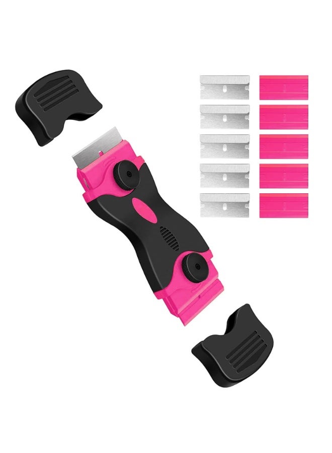 HOMESTAR 11-Piece Double Edged Razor Blade Scraper Tool Set | Dual-Head Adhesive Remover & Razor Blade Scraper Tool With 10 Razor Blades | For Removing Paint, Stickers, Labels, Caulk & Food Residue From Windows, Metal, Floors, Cars, Walls, Tiles, Glass, Stoves, Ovens & Induction Cooktops | Pink/Black | 1.8x4.95 Inch - Image 1